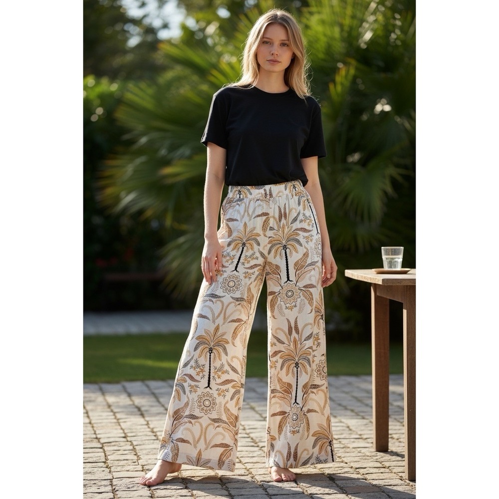 Unbranded Tropical Floral Wide Leg Pant Women M Cream Smocked High Rise Boho